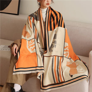 Women Cashmere Warm Scarf All Season Multi-Purposes Plaid Satin Tassel Long Shawl