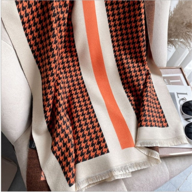 Women Cashmere Warm Scarf All Season Multi-Purposes Plaid Satin Tassel Long Shawl