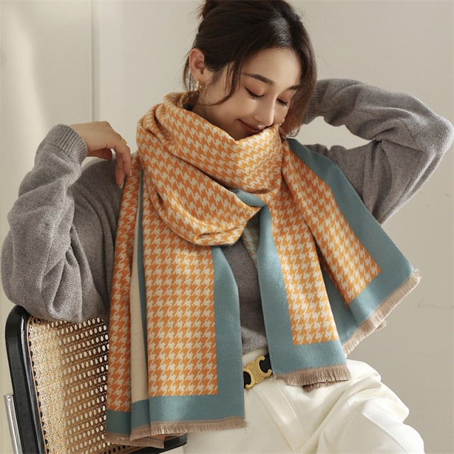 Women Cashmere Warm Scarf All Season Multi-Purposes Plaid Satin Tassel Long Shawl