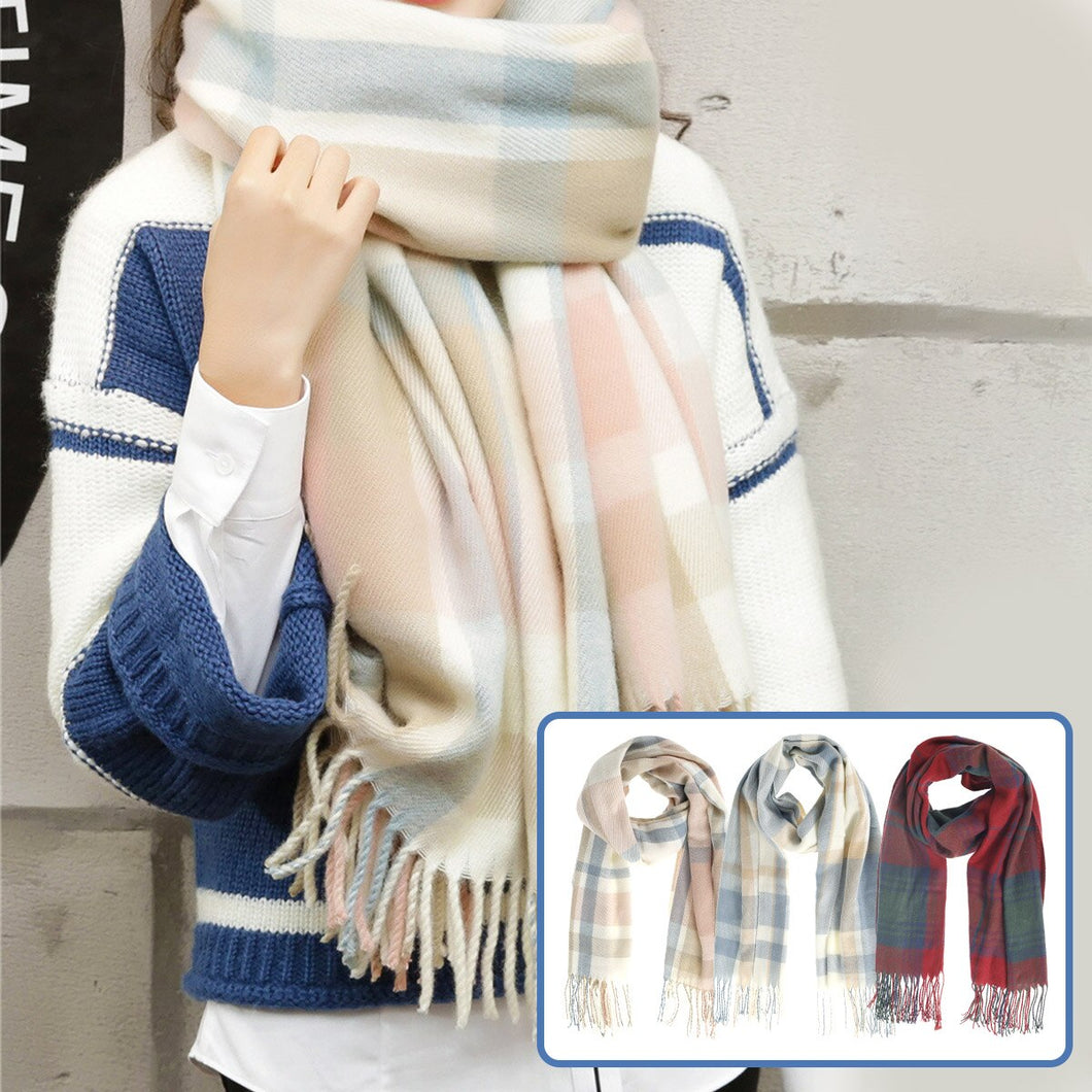 Unisex Plaid Scarf Thicken Warm Cashmere Shawls with Tassels