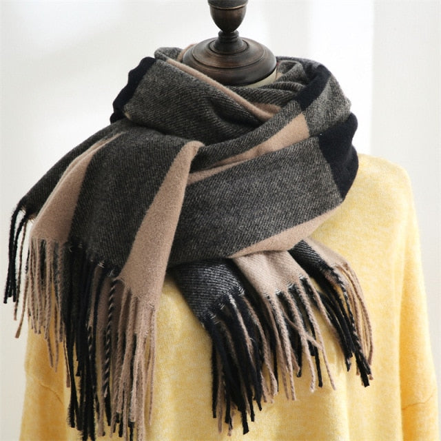 Unisex Mid-Length Plaid Print Scarfs with Tassels