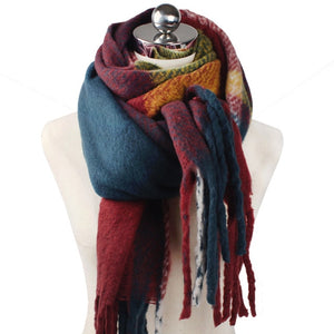 Women Plaid Cashmere Scarfs with Long Tassels