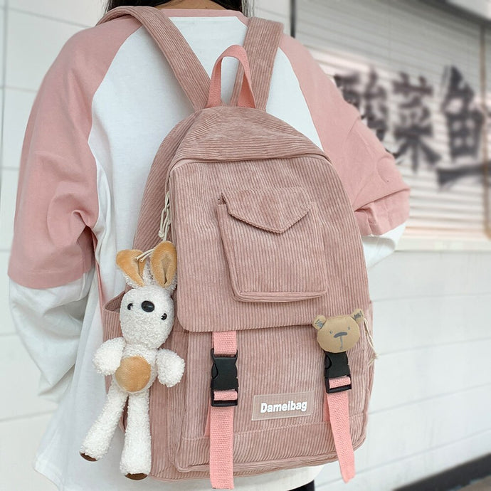 Women Corduroy Backpack Cute Girl Student School Bag, Harajuku Book Bag, College Bag, Travel Bag