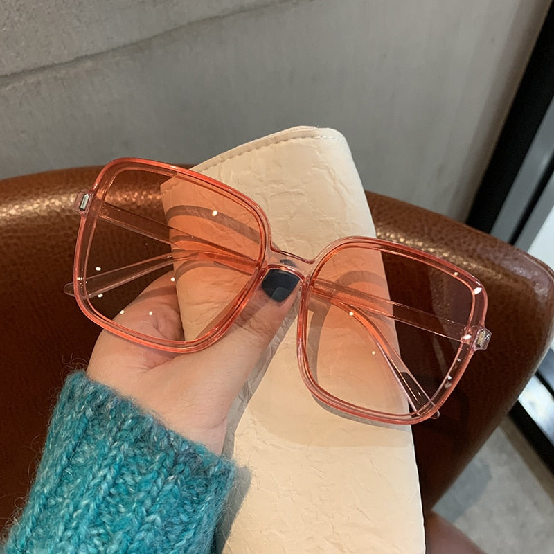 Women Square Retro Brand Oversize Frame Transparent Gradient Sunglasses