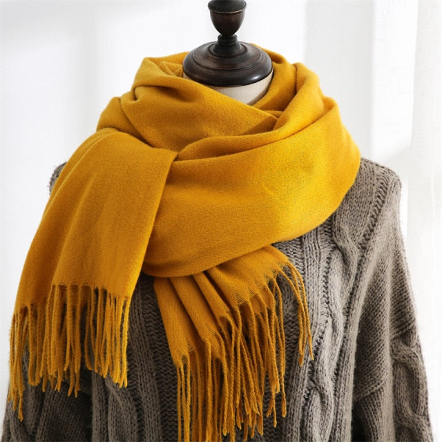 Women Solid Color Imitation Cashmere Mid-length Warm Sweet Fashion Fringed Sharf