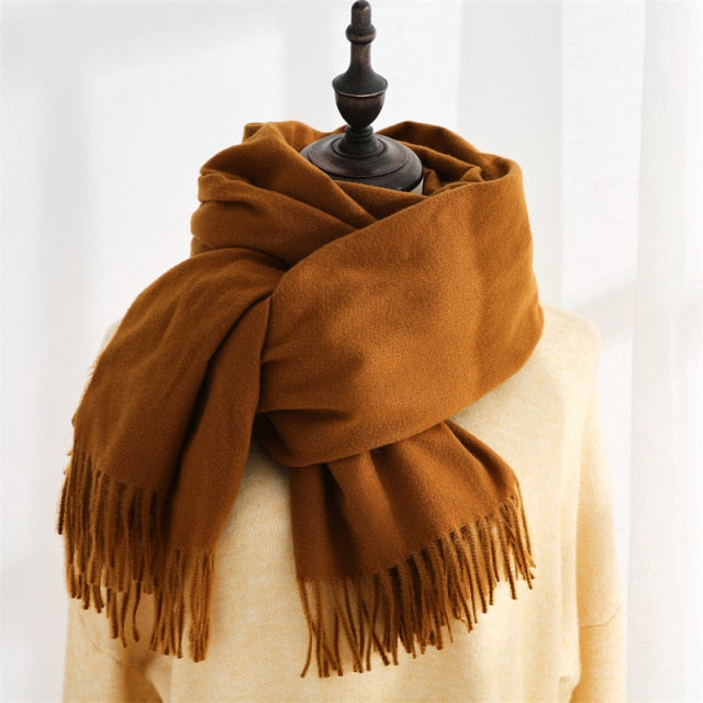 Women Solid Color Imitation Cashmere Mid-length Warm Sweet Fashion Fringed Sharf