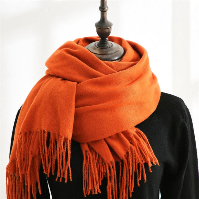 Women Solid Color Imitation Cashmere Mid-length Warm Sweet Fashion Fringed Sharf