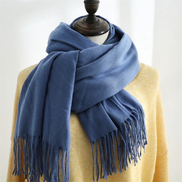 Women Solid Color Imitation Cashmere Mid-length Warm Sweet Fashion Fringed Sharf