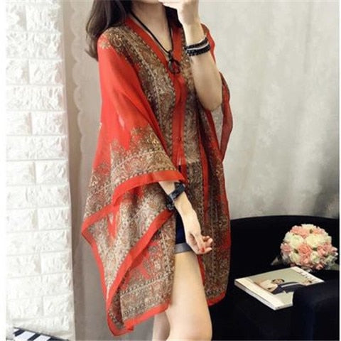 Women Scarf Poncho Printed Sunscreen Sun Protection Shawl Beach Bikini Soft Cover Comfortable