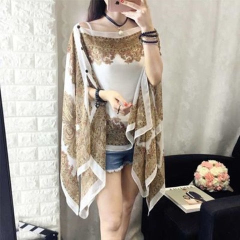 Women Scarf Poncho Printed Sunscreen Sun Protection Shawl Beach Bikini Soft Cover Comfortable