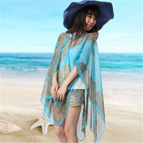 Femmes Écharpe Poncho Imprimé Crème Solaire Protection Solaire Châle Plage Bikini Couverture Souple Confortable