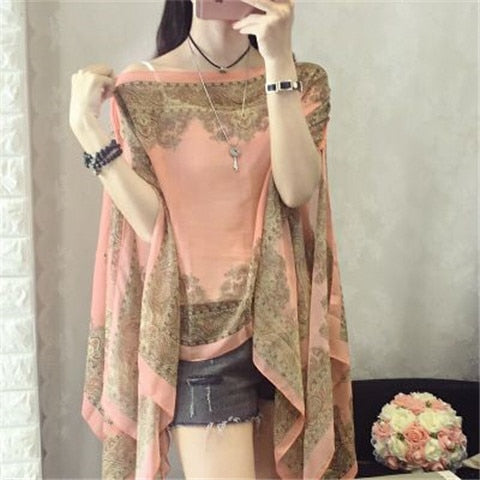 Women Scarf Poncho Printed Sunscreen Sun Protection Shawl Beach Bikini Soft Cover Comfortable