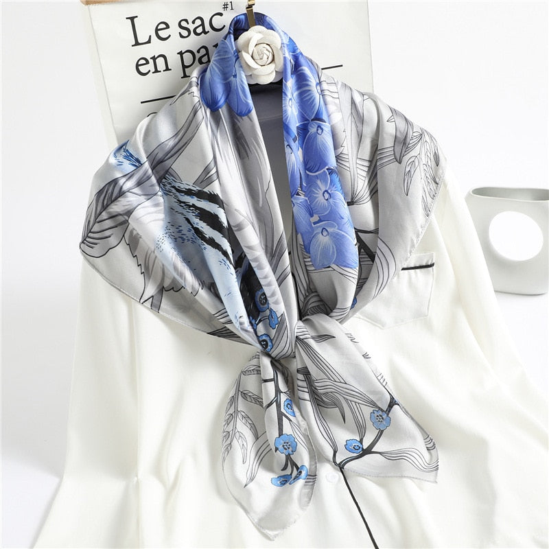 Women Luxury Brand Silk Satin Square Plaid Print Scarf for Neck Tie, Hair Band, Hijab Shawl