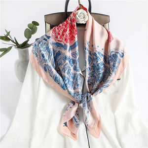 Women Luxury Brand Silk Satin Square Plaid Print Scarf for Neck Tie, Hair Band, Hijab Shawl