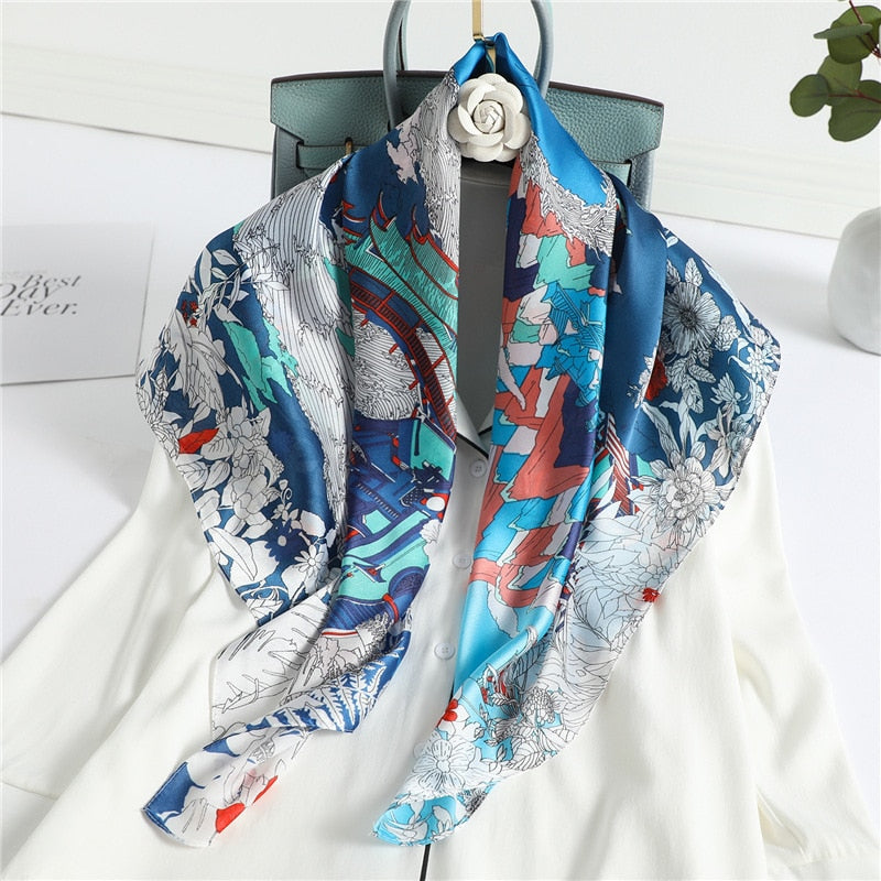 Women Luxury Brand Silk Satin Square Plaid Print Scarf for Neck Tie, Hair Band, Hijab Shawl