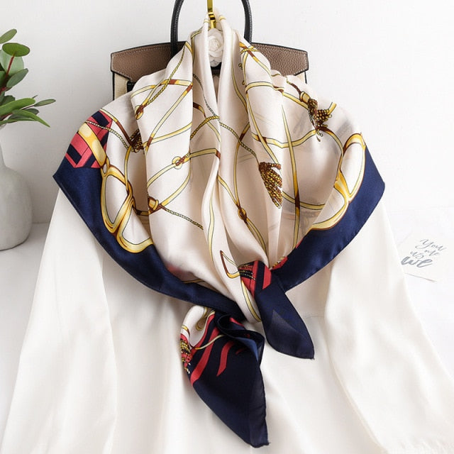 Women Luxury Brand Silk Satin Square Plaid Print Scarf for Neck Tie, Hair Band, Hijab Shawl