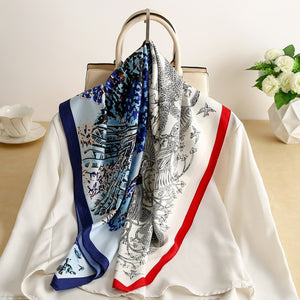 Women Luxury Brand Silk Satin Square Plaid Print Scarf for Neck Tie, Hair Band, Hijab Shawl