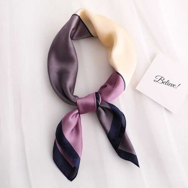 Women Luxury Brand Silk Satin Square Plaid Print Scarf for Neck Tie, Hair Band, Hijab Shawl