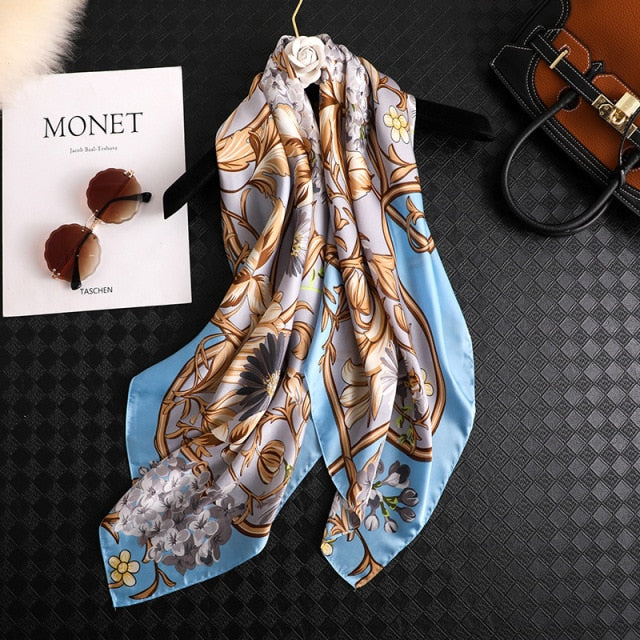 Women Luxury Brand Silk Satin Square Plaid Print Scarf for Neck Tie, Hair Band, Hijab Shawl