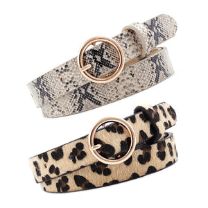 Women Animal Print Thin PU Leather Waist Belt Gold Ring Buckle Belts