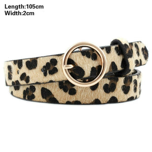 Women Animal Print Thin PU Leather Waist Belt Gold Ring Buckle Belts