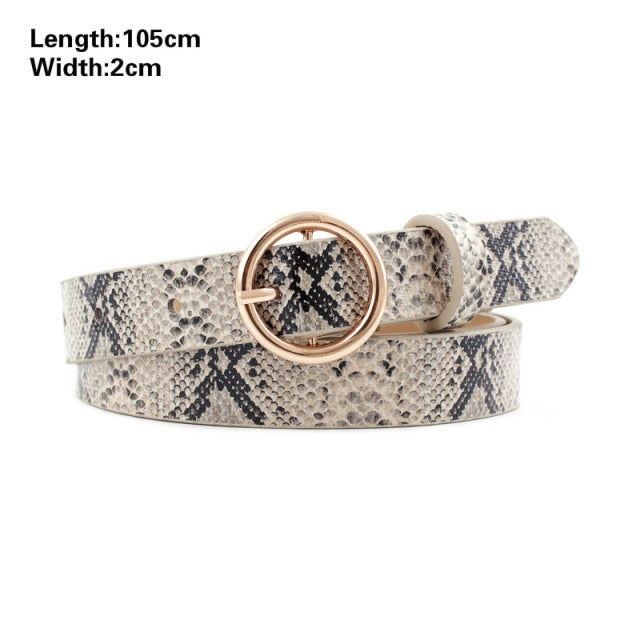 Women Animal Print Thin PU Leather Waist Belt Gold Ring Buckle Belts