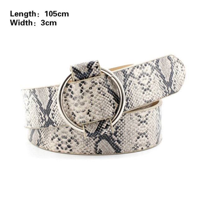 Women Animal Print Thin PU Leather Waist Belt Gold Ring Buckle Belts