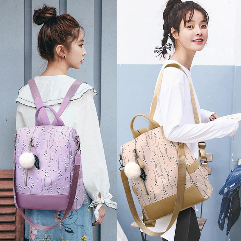 Women Casual Floral Print Waterproof Anti-theft Shoulder Book Bag Backpack