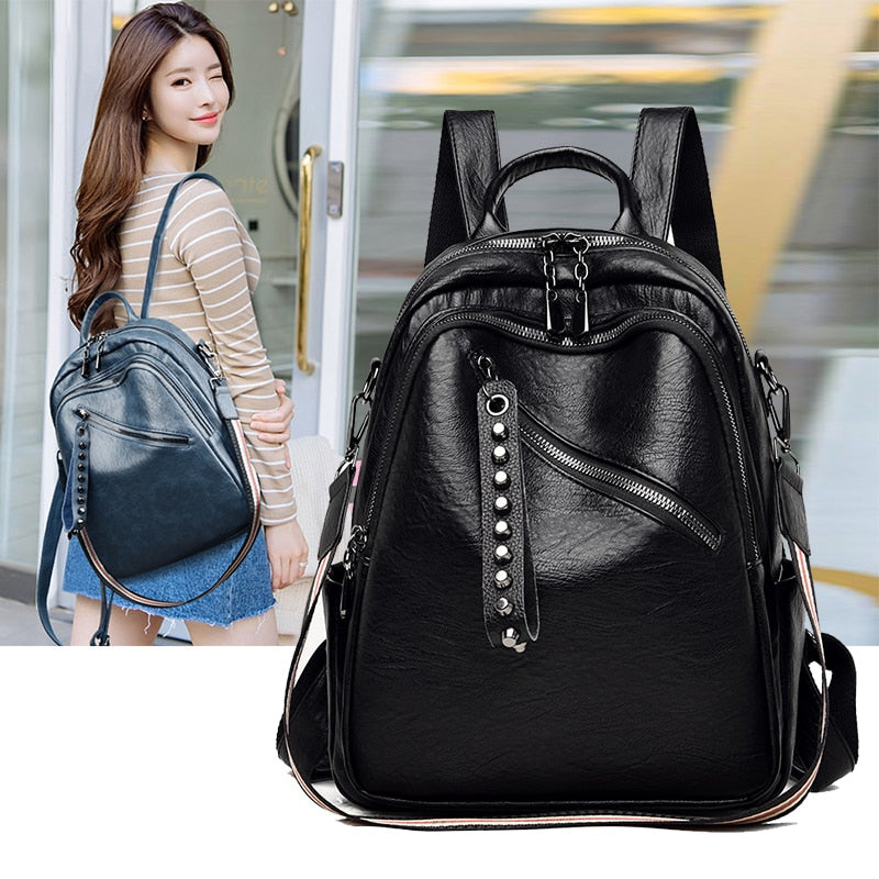 Women Casual Leather Large Capacity Shoulder Bag Travel Book Bag Backpack