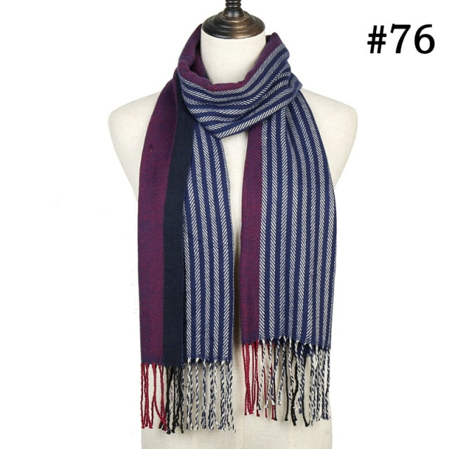 Unisex Warm Striped Print Cashmere Scarf Pashmina Multifunction Neck Warps with Tassel Shawls