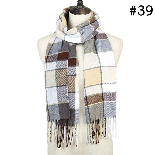 Unisex Warm Striped Print Cashmere Scarf Pashmina Multifunction Neck Warps with Tassel Shawls