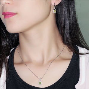 Women Natural Gemstone Green Peridot 925 Sterling Silver Hook Earrings Halo Pendant Necklace